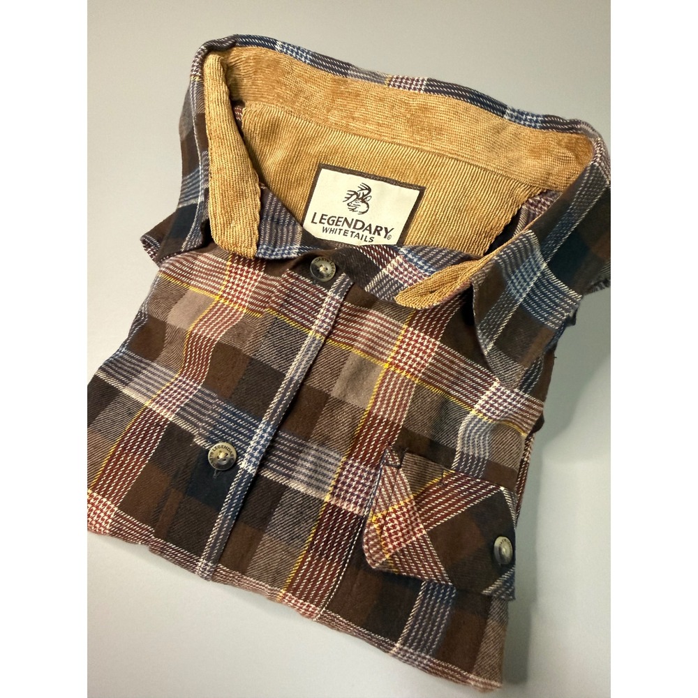 Legendary Whitetails Mens Buck Camp Flannel Shirt XL Brown Plaid Corduroy Trim